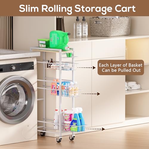 4 Tier Slim Rolling Storage Cart with Pull-Out Baske | Pull Out Organi - Image 3