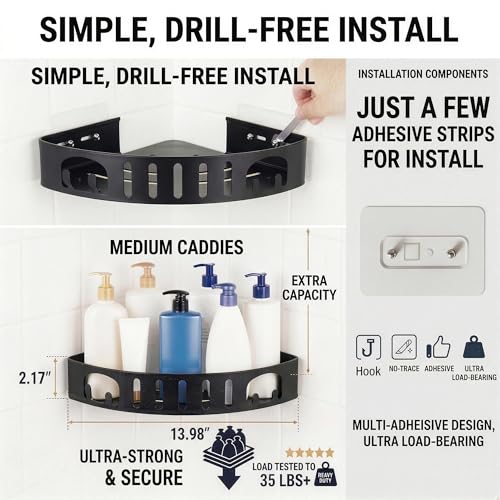 Adhesive Corner Shower Caddy with Hooks,No Drill Aluminum Shower - Image 6