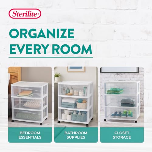 Sterilite Wide 3 Drawer Storage Cart Plastic Rolling - Image 6