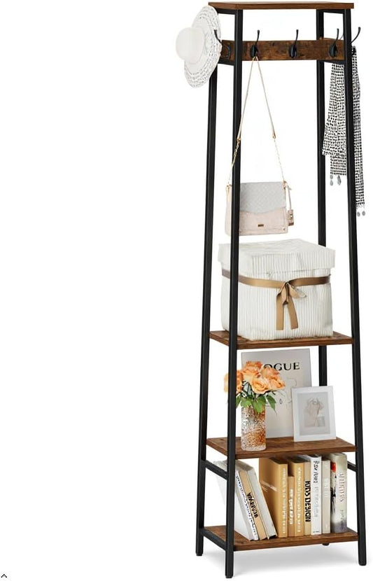 Coat Rack Freestanding, Coat Stand with 3 Shelves and 7 Hooks, Hall Tree Free Standing, Clothes Rack Stand Organizer, Industrial Style, Rustic Brown and Black