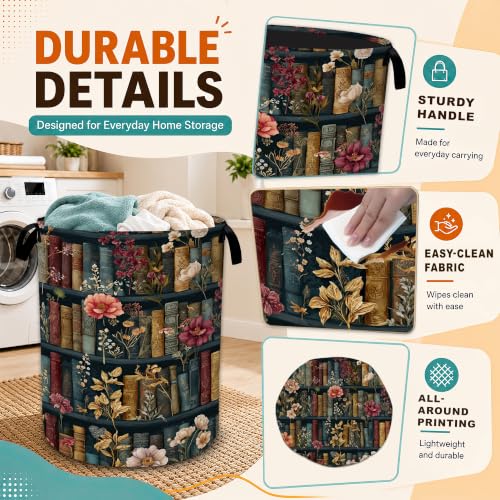 Vintage Bookshelf Flowers Laundry Basket,Foldable Oxford - Image 4
