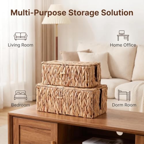 Cable Management Box with Lids, Handwoven Rattan Cord Organizer - Image 4