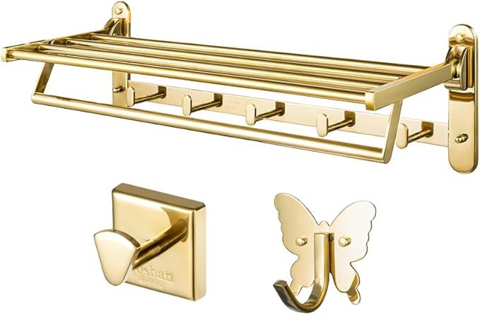 Roshan Handcrafted and Hand Polished Multi Purpose Towel Rack, SUS304 Stainless Steel Rust Proof and Peel Resistant Towel Shelf, Towel Hook, Includes 2 Handmade Hooks (3, Gold)