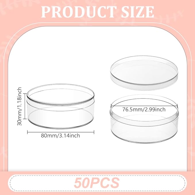 AHANDMAKER 50PCS Clear Round Organizer Box 3"x1" Small Acrylic Containers with Lids Circular Candy Box for Bead Jewelry Storage Wedding Graduation Gift Craft Decorations