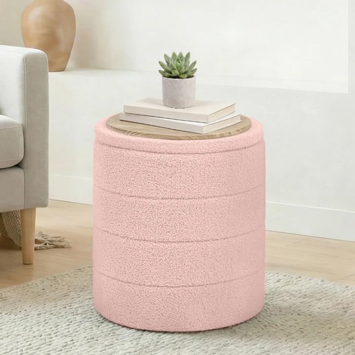 14.5" Round Storage Ottoman, Boucle Sherpa Ottoman with Tray - Image 1
