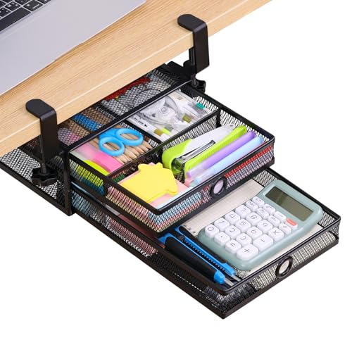 Under Desk Drawer, Clamp on Desk Organizer Slide Out Table Storage No Drill