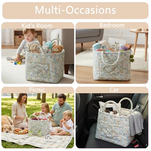 Quilted Fabric Storage Basket with Handles & Pocket - Image 7