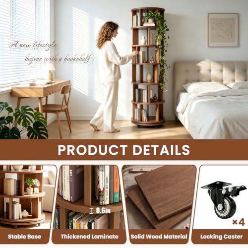 6 Tier Solid Wood Bookshelf with Wheels, 360° Rotating Book Shelf - Image 6