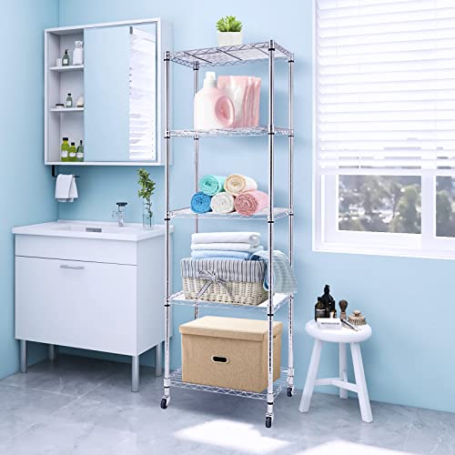 5 Tier Wire Shelving Unit With Wheels, Adjustable Narrow Metal - Image 7