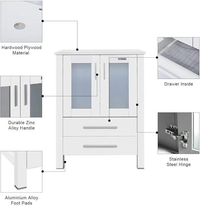 eclife 60" Modern Bathroom Vanity Sink Combo Freestanding Cabinet with Small Side Cabinet, White Boat Ceramic Vessel Sink, Water Save Faucet, Drain (White+T44)
