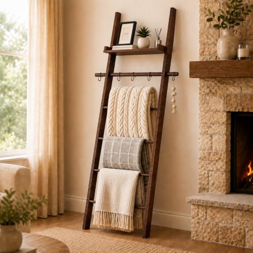 6-Tier Farmhouse Wooden Blanket Ladder with Shelf | Garage Storage - Image 3