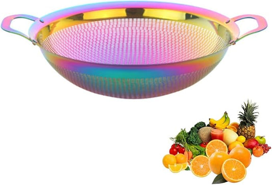 Stainless Steel Colander With Handle and Legs Drain Basket for Pasta, Spaghetti, Berry, Veggies, Fruits, Noodles, Salads, Fruit Colander Strainer Metal Rice Sieve Kitchen Utensils-Rainbow Color