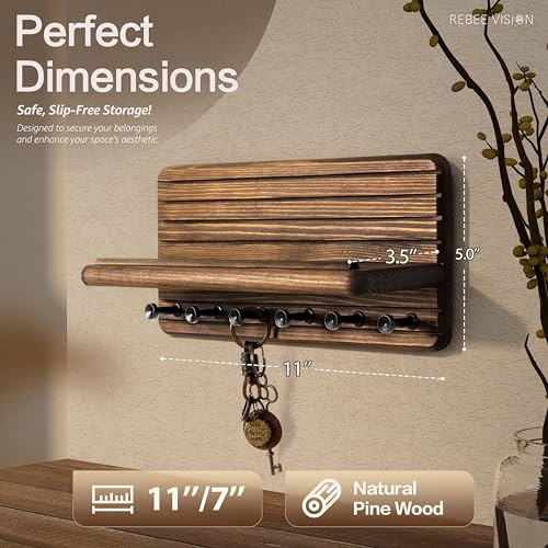 Pine Wood Key Holder Wall Mount with Shelf for Entryway, Brown - Image 3