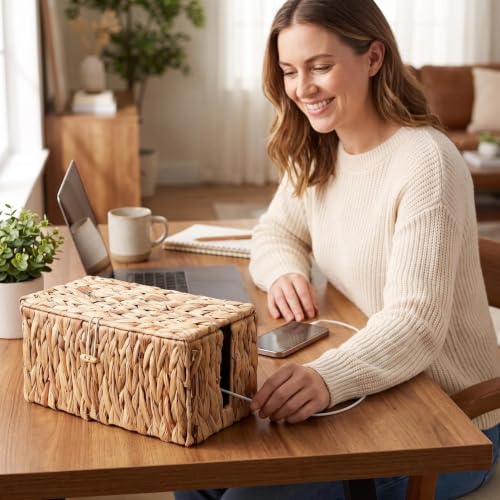 Cable Management Box with Lids, Handwoven Rattan Cord Organizer - Image 5