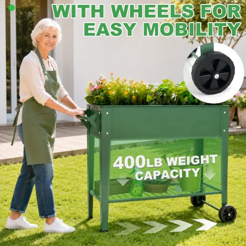 Raised Garden Bed with Legs and Wheels, Metal Outdoor, Green - Image 4