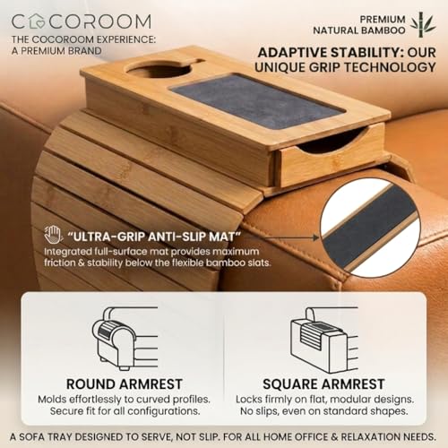Sofa Arm Tray with Drawer, Bamboo Couch Armrest Table, Natural - Image 5