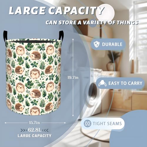 Cute Hedgehog with Green Leaf Laundry Basket with Handles - Image 4