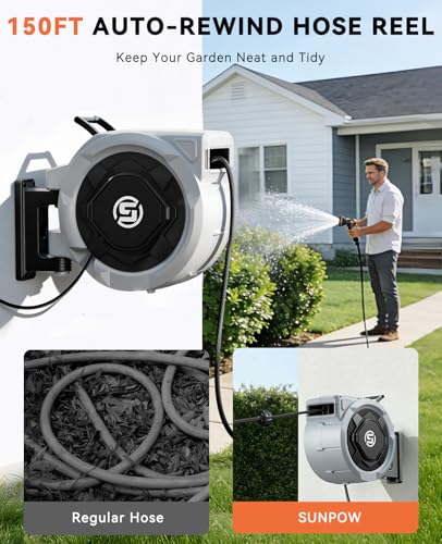 SUNPOW Retractable Garden Hose Reel - 1/2" x 150ft Wall Mounted - Image 3