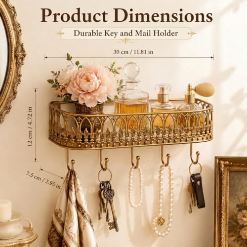 Vintage Key Holder Shelf Wall Mount Metal Mail Rack with 5 - Image 3
