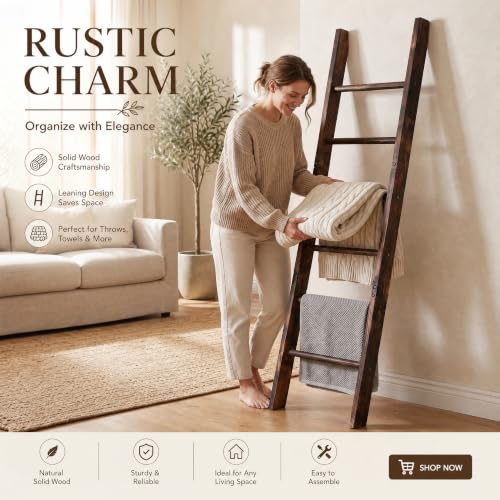 Carbonized Farmhouse Blanket Ladder, 6-Tier Rustic Wooden Rack - Image 4