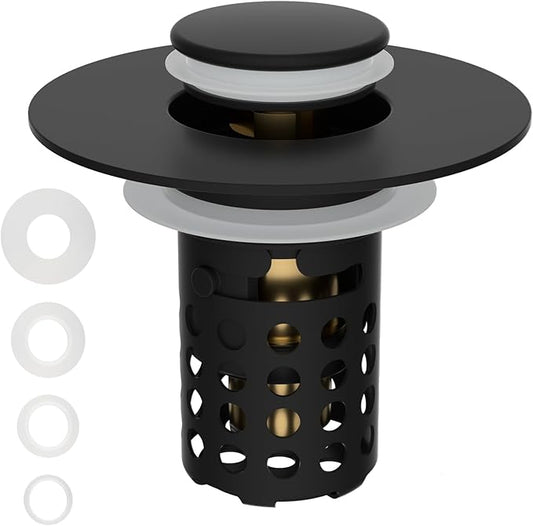 Universal Bathroom Sink Drain Strainer Hair Catcher Upgraded with Removable Stainless Steel Filter Basket, 3 in 1 Pop Up Sink Stopper for 1.1''~2.36'' Sink Basin Hole, Matte Black