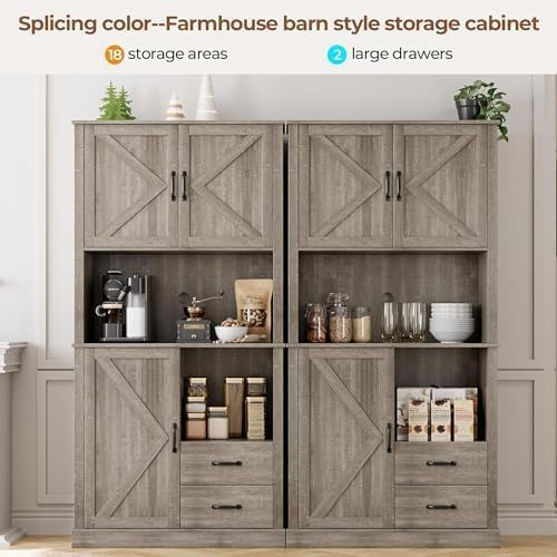 GarveeHome Modern Kitchen Pantry Cabinet with Microwave Stand, Tall Hutch Bar Cabinet with Drawers & Adjustable Shelves, Large Wood Storage for Dining Room, Living Room, Rustic Grey
