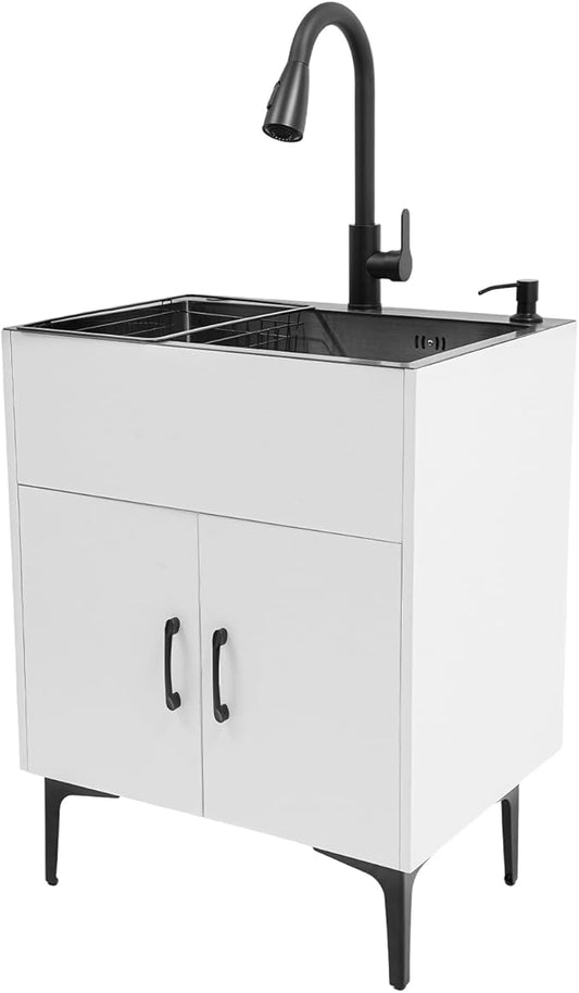 Laundry Sink Cabinet with Pull-Out Faucet, Stainless Steel Freestanding Utility Room Sink with Cabinet Utility Tub for Bathroom Laundry Room Kitchen (23.62x17.72in White)