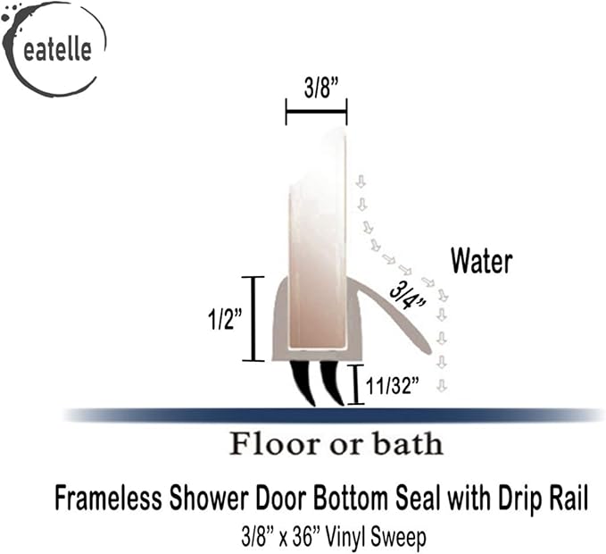 eatelle Shower Door Bottom Seal with Drip Rail for 3/8" (10mm) Thick Glass, 36" Long Sweep - Ultra Clear Polycarbonate