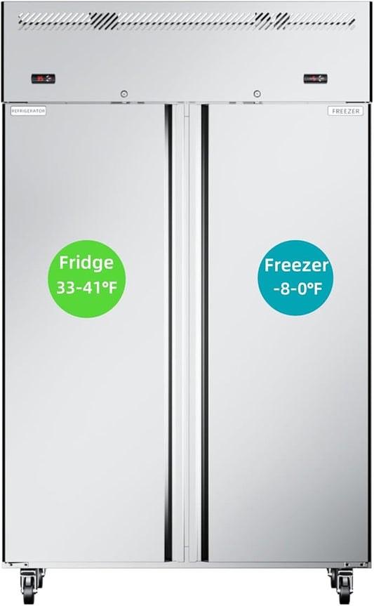 48" W 2 Door Commercial Refrigerator and Freezer Combo Stainless Steel Fan Cooling 38 Cu.ft Fridge and Freezer Dual Zones for Restaurant Bar Shop 33°F~41°F and -8℉ ~0℉, Stainless Steel Reach-in