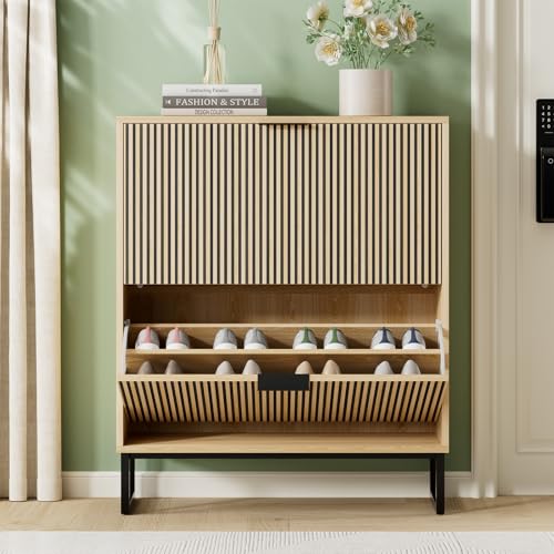 Shoe Cabinet Storage with 2 Flip Drawers and Metal Legs, Natural - Image 4