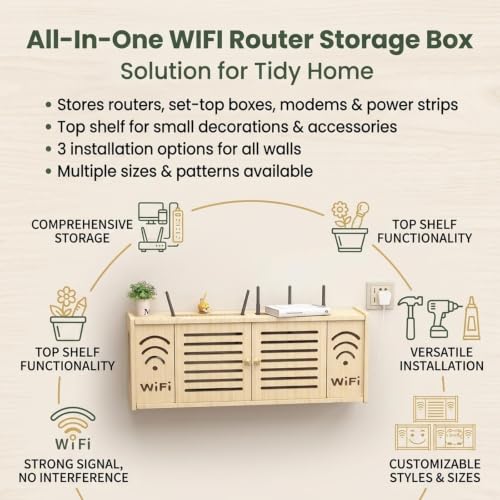 Wall Mounted Router Storage Box,Wood Wireless WiFi Router Shelf - Image 7