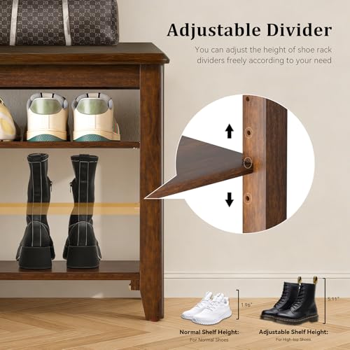 Shoe Rack Bench with 3 Tier Adjustable Shelves Rubberwood - Image 6