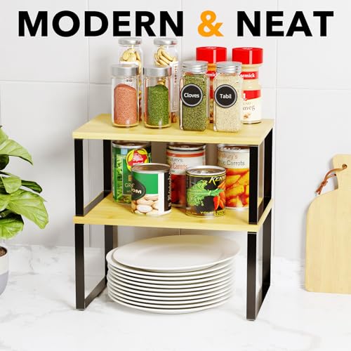 SpaceAid Cabinet Shelf Organizers 2 Pack, Kitchen Counter Rack Shelves Riser, Stackable Expandable Spice Rack, Pantry Cupboard Storage Organization (Black and Natural, Short) - Image 6