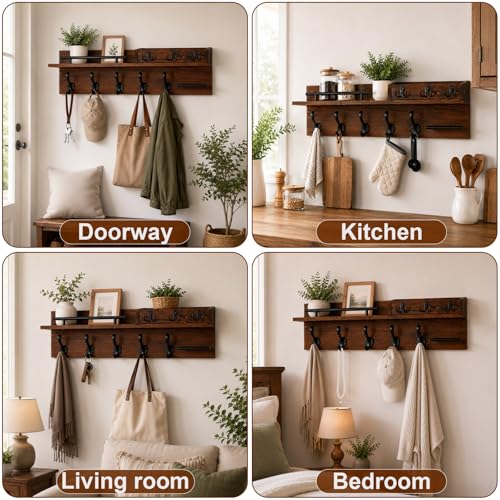 Wall Mount Wooden Coat Rack with Shelf, Entryway Key Hook - Image 3