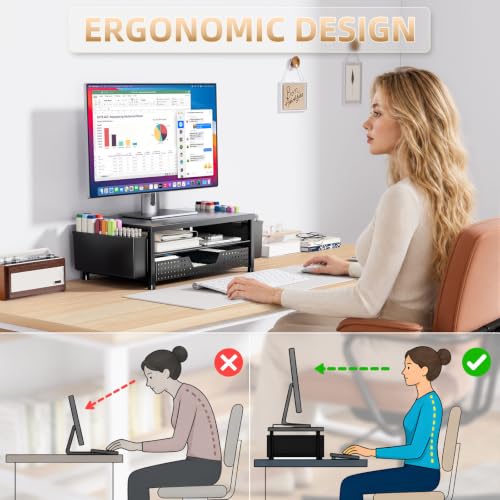 2-Tier Monitor Stand with Drawer, Metal Desk Riser, Black - Image 5