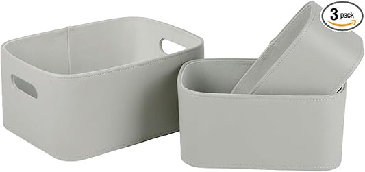 HofferRuffer Faux Leather Storage Baskets Bins with Velvet Lining for Organizing, Storage, Gifts, Set of 3 Nesting Shelf Baskets Decorative Storage Boxes for Home Organization (Grey)