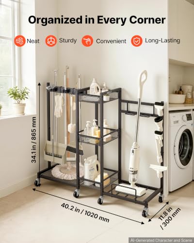 VEVOR Broom Holder with Cleaning Supplies Organizer, Metal Garage - Image 3
