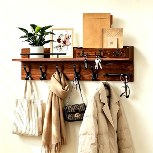 Wall Mount Wooden Coat Rack with Shelf, Entryway Key Hook - Image 2