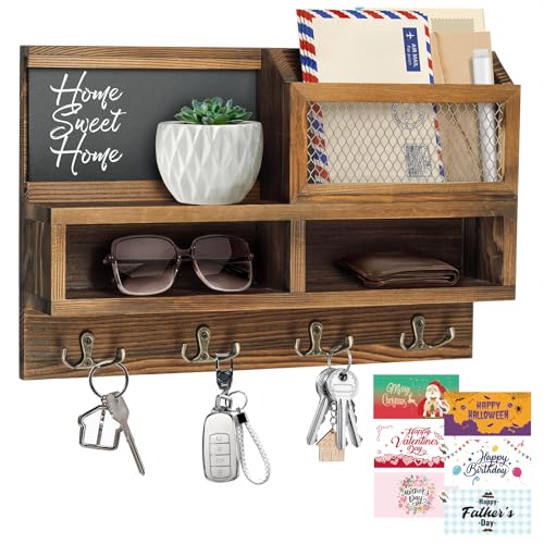 Key Holder Wall Mount, Wooden Mail and Key Organizer, Brown - Image 2