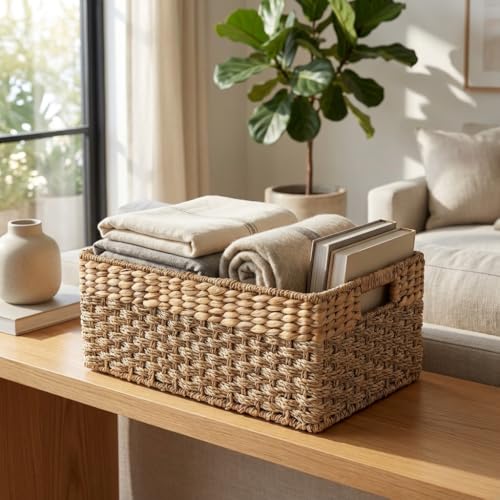 Medium Wicker Storage Basket with Handles, Seagrass - Image 4