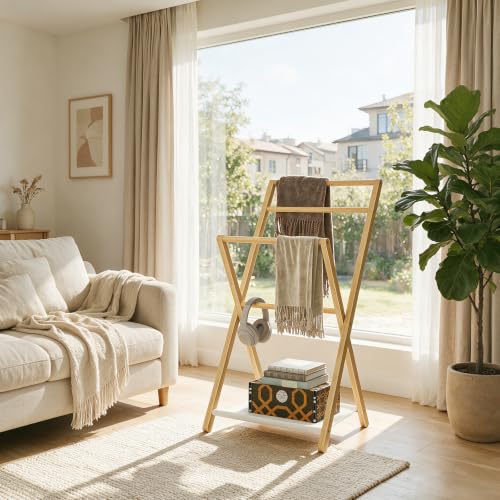 HOOBRO Towel Rack with Shelf, 3 Tier Bamboo Foldable Quilt - Image 5