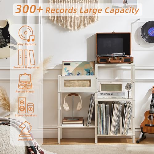 LELELINKY Record Player Stand, White Cream Oak Wood Record - Image 5