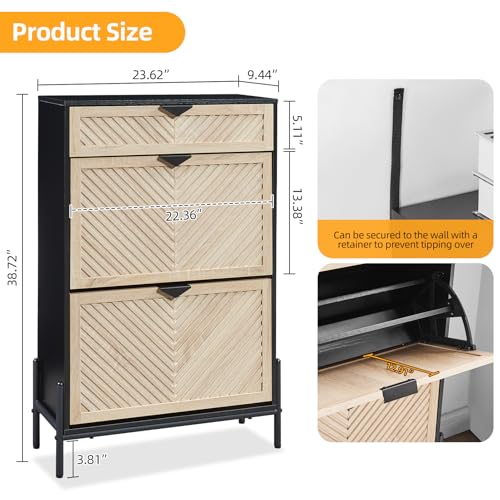Shoe Cabinet with 2 Flip Drawers, Narrow Entryway Rack, Oak&Black - Image 3