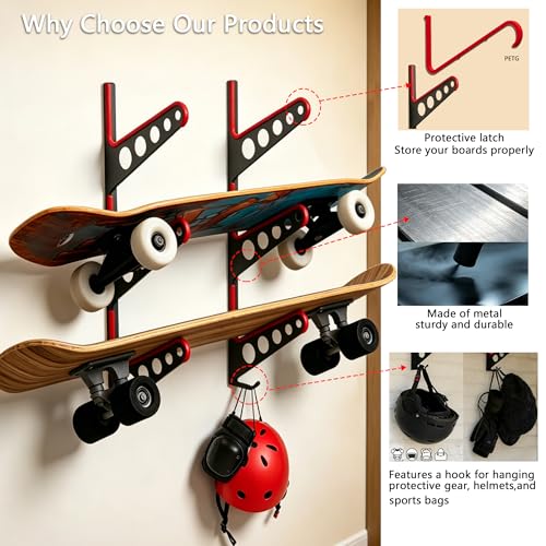 Skateboard Rack Wall Mount with Hooks, Metal Holder - Image 3