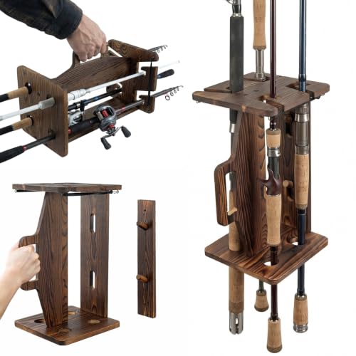 MyGift Rustic Wood Fishing Rod Rack, Portable Wall Mount - Image 2