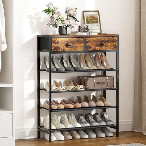 5 Tier Shoe Rack with 2 Drawers, Rustic Brown - Image 3
