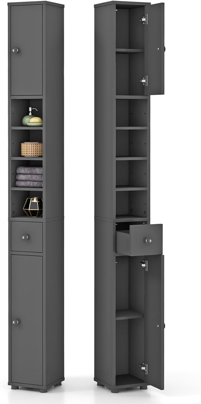 Giantex Slim Bathroom Storage Cabinet - 71” Tall Narrow Floor Cabinet Cupboard with 2 Doors, 5 Adjustable Shelves, 1 Drawer, Anti-Tipping Device, Thin Linen Tower Cabinet for Living Room (2, Grey)