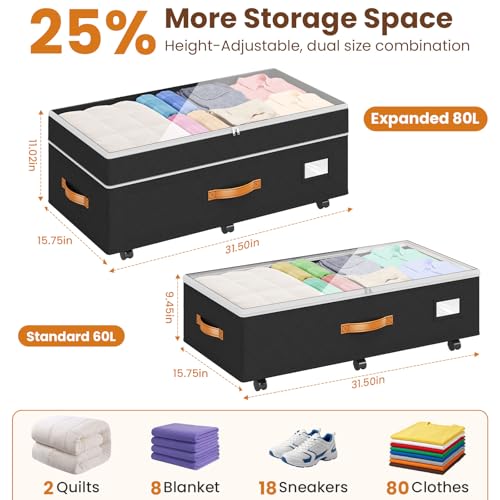 Budding Joy 80L 2 Pack Adjustable Under Bed Storage with Wheels - Image 3