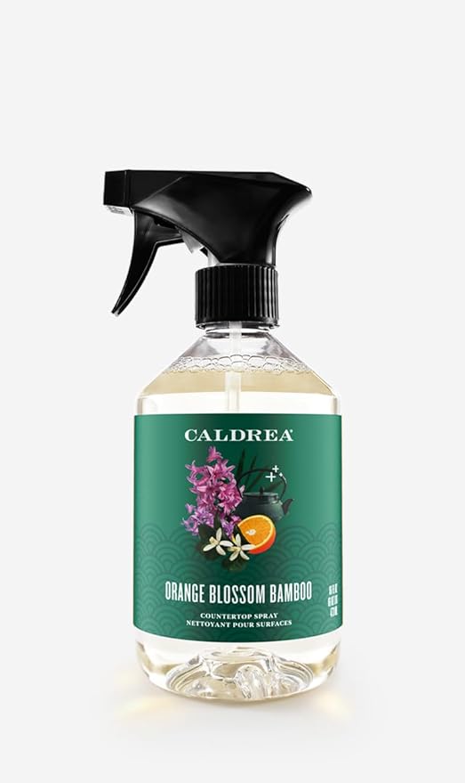 Caldrea Multi-surface Countertop Spray Cleaner, made with birch bark, Orange Peel and Ylang Ylang flower essential oils, a special vegetable protein extract, Orange Blossom Bamboo scent, 16 oz