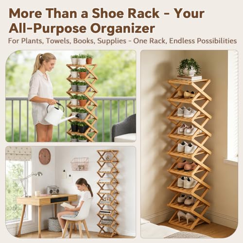9 Tier Bamboo Shoe Rack, Foldable Narrow Shoe Organizer - Image 5